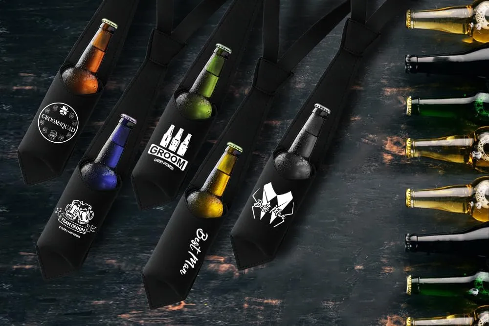 PartyGifts&beyond Groomsmen Proposal Gifts 7 PCS Funny Bottle & Can Holder Tie Necktie for Bachelor Party