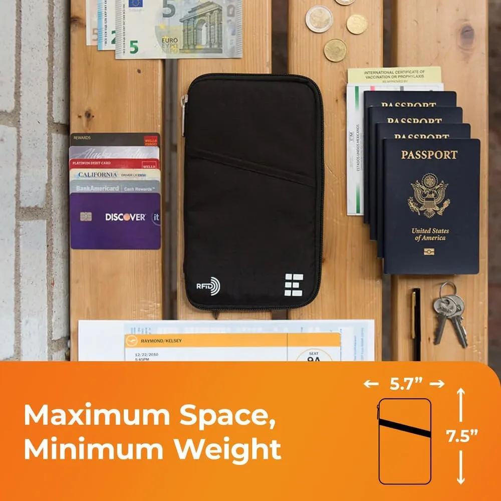 Passport Holder Family up to 6 Passports, Large Passport Wallet and Premium Travel Document Holder Organizer with RFID Anti-Theft Blocking - 7 Bonus RFID Blocking Sleeves - Black