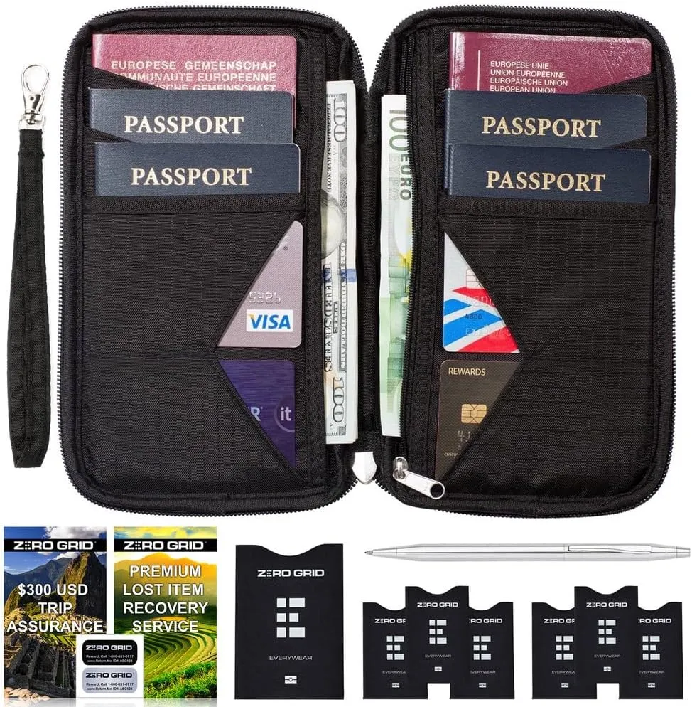 Passport Holder Family up to 6 Passports, Large Passport Wallet and Premium Travel Document Holder Organizer with RFID Anti-Theft Blocking - 7 Bonus RFID Blocking Sleeves - Black