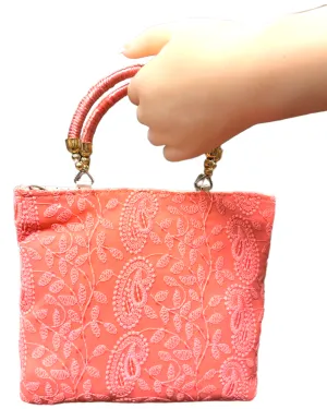 Peach Lucknowi Chikankari Embroidery Hand Bag Purse