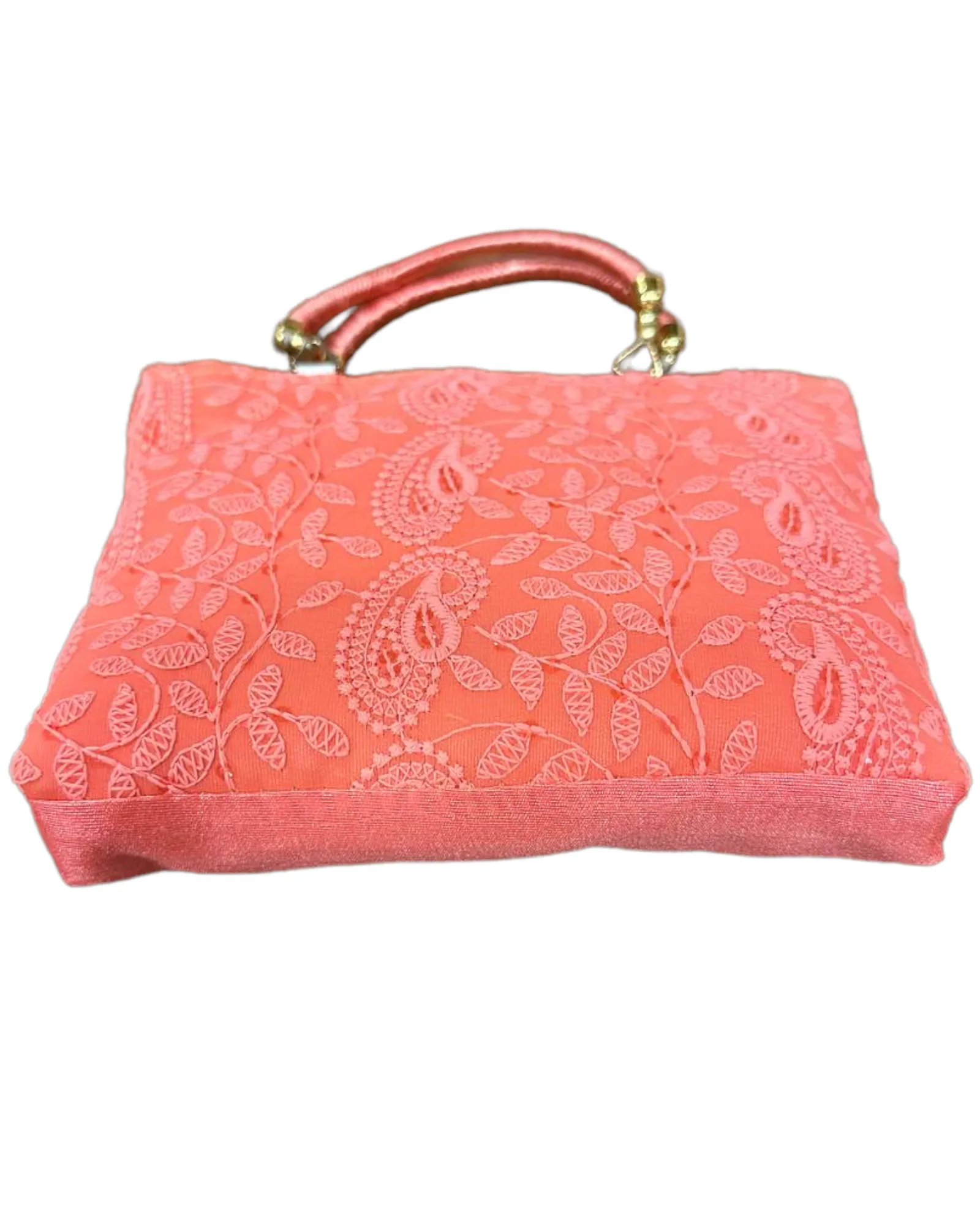 Peach Lucknowi Chikankari Embroidery Hand Bag Purse