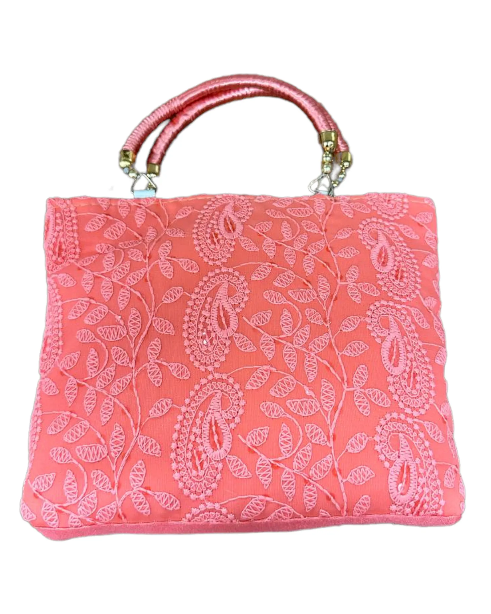 Peach Lucknowi Chikankari Embroidery Hand Bag Purse
