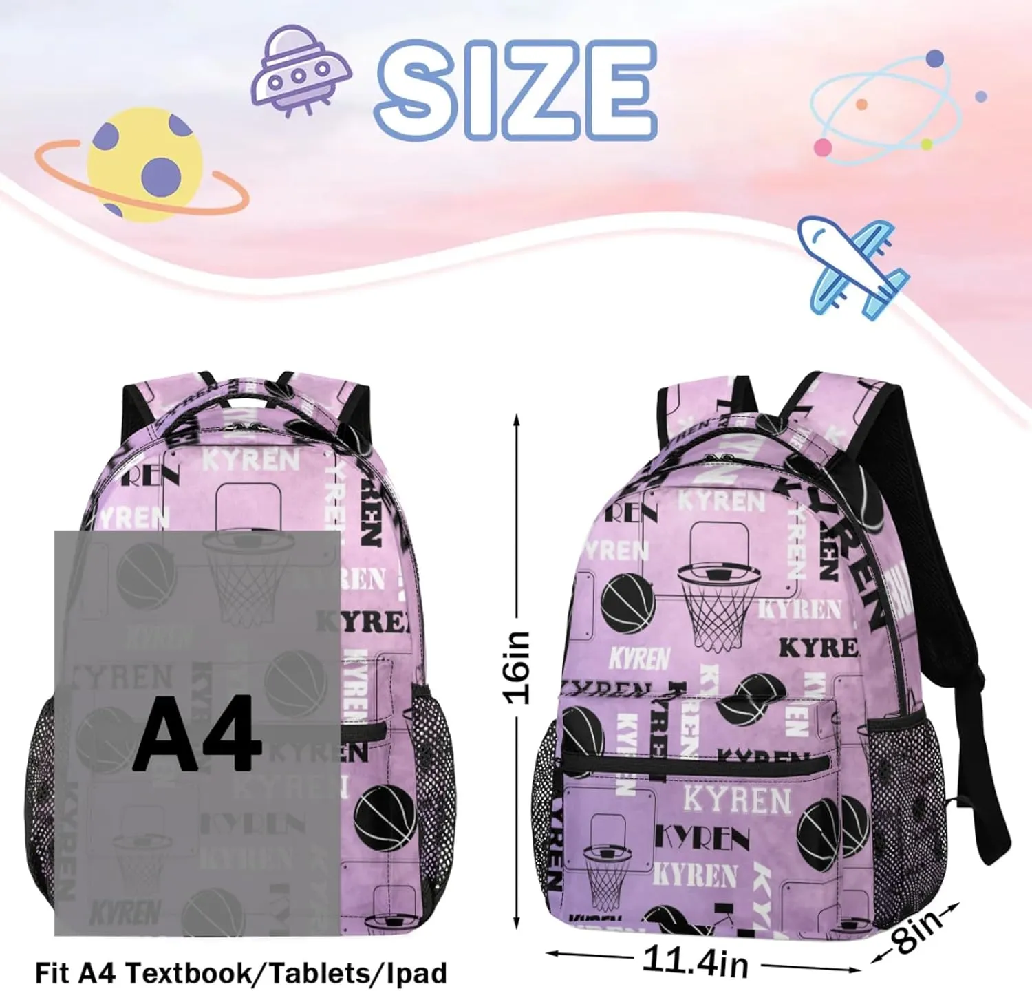 Personalized Basketball Backpack for Men Women, Custom Name Laptop Backpack, Customized Sports Bag Lightweight Daypack for Travel Camping, Light Purple