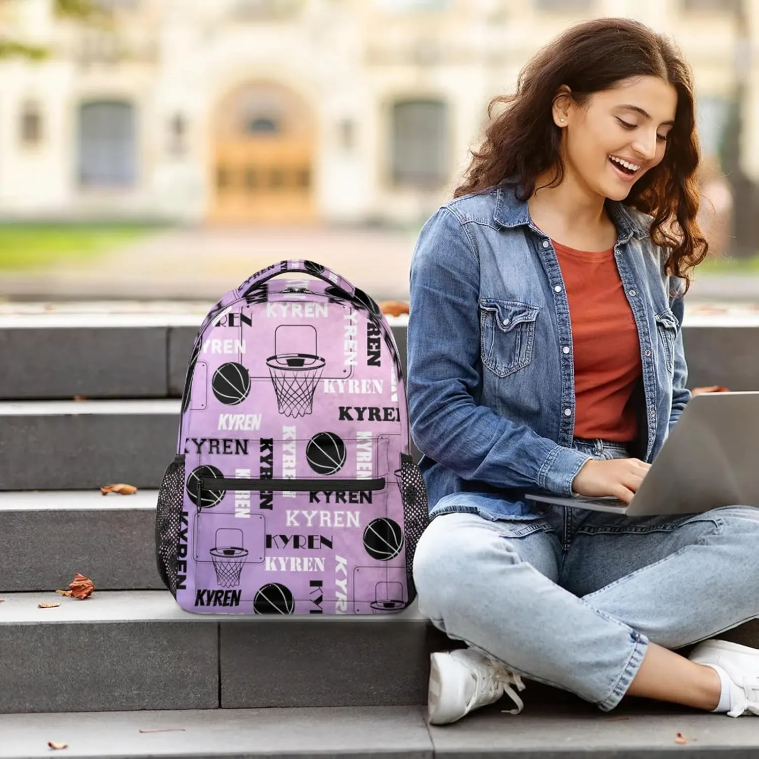 Personalized Basketball Backpack for Men Women, Custom Name Laptop Backpack, Customized Sports Bag Lightweight Daypack for Travel Camping, Light Purple