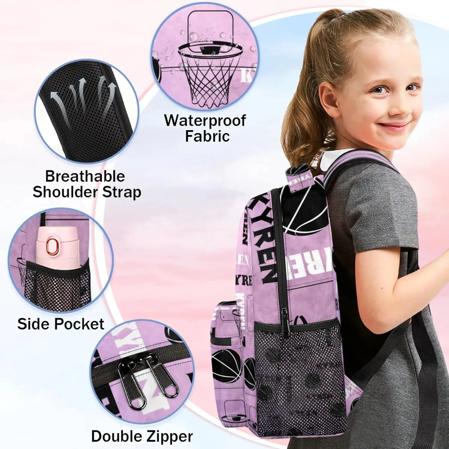 Personalized Basketball Backpack for Men Women, Custom Name Laptop Backpack, Customized Sports Bag Lightweight Daypack for Travel Camping, Light Purple