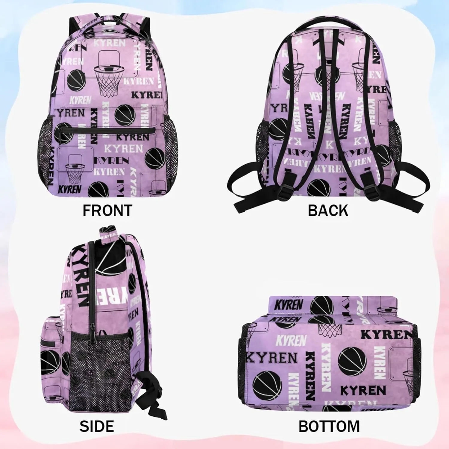 Personalized Basketball Backpack for Men Women, Custom Name Laptop Backpack, Customized Sports Bag Lightweight Daypack for Travel Camping, Light Purple