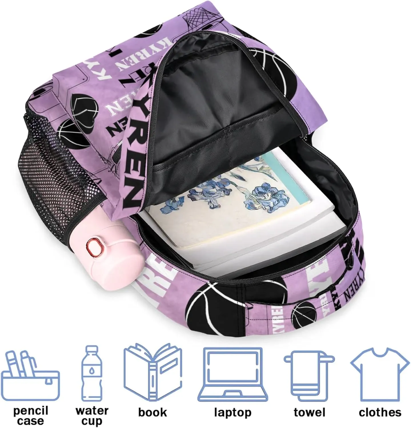 Personalized Basketball Backpack for Men Women, Custom Name Laptop Backpack, Customized Sports Bag Lightweight Daypack for Travel Camping, Light Purple