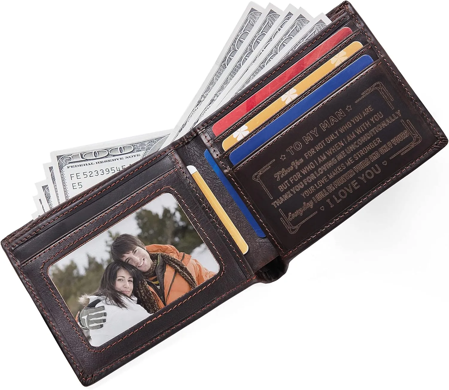 Personalized Engraved Leather Wallet for Boyfriend Husband from Wife Girlfriend - Valentines Day Christmas Birthday Anniversary Wedding Gift - I Love You - Mens Custom Love Message Bifold Wallets