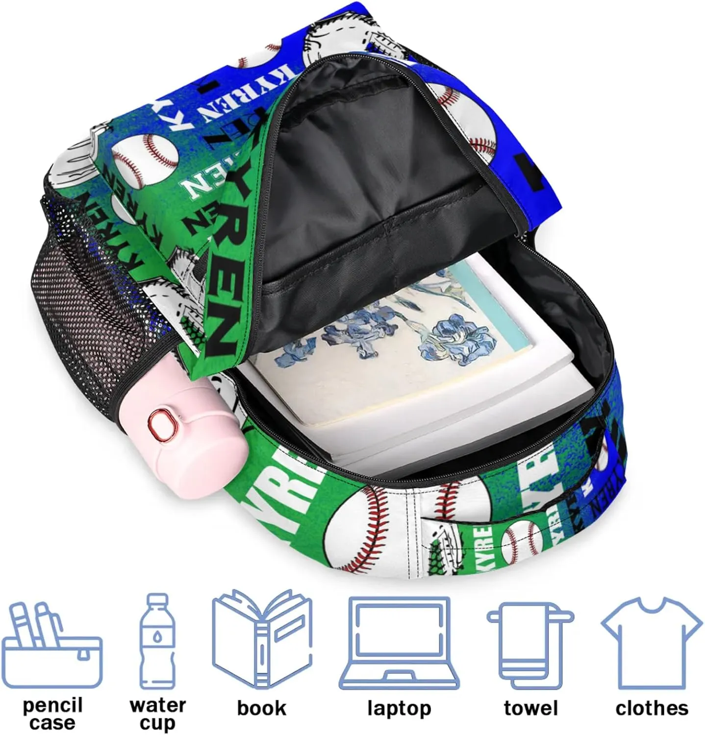 Personalized Name Baseball Backpack for Men Women, Custom Laptop Backpack with Name, Sports Bag Lightweight Daypack for Travel Camping, Dark Green Blue