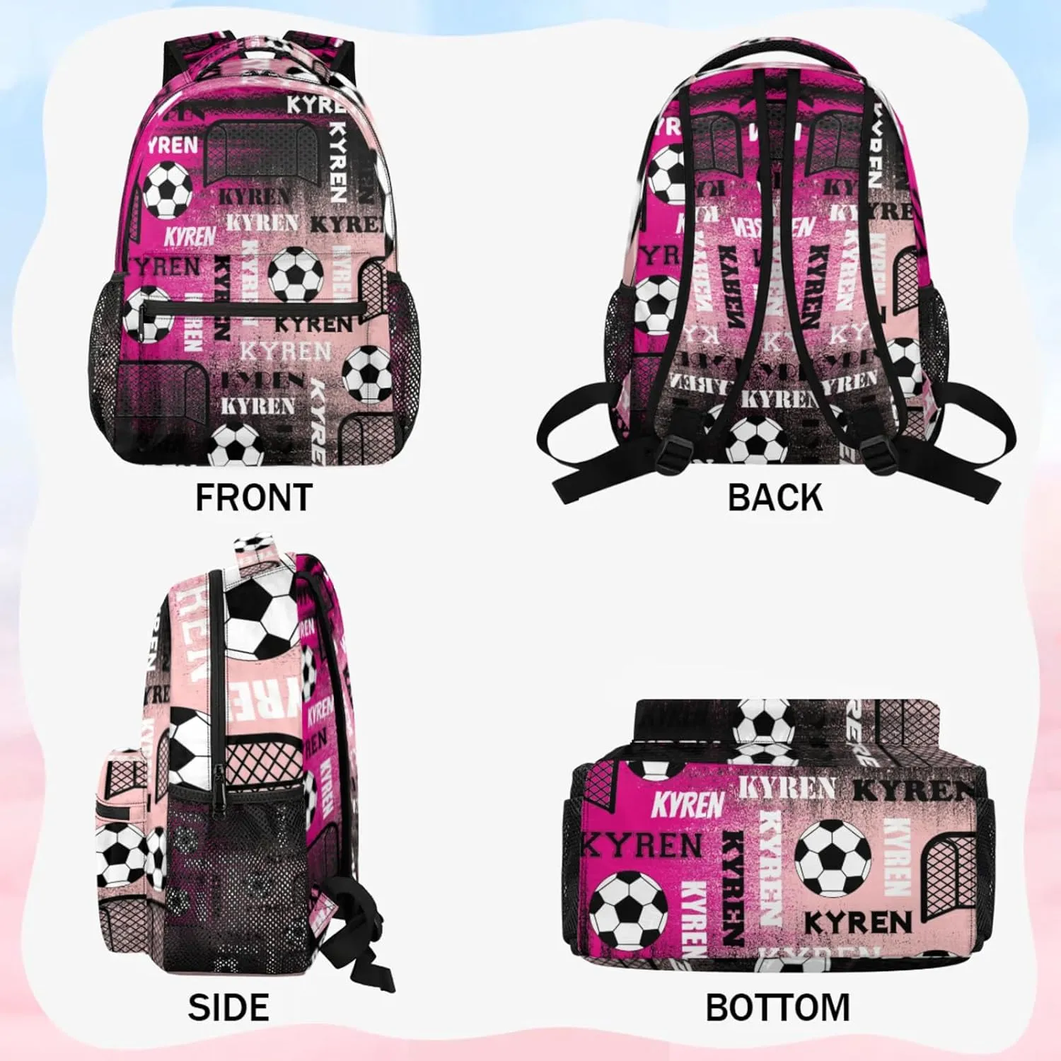 Personalized Name Soccer Backpack for Men Women, Customized Sports Bag Backpack Custom Laptop Backpacks Travel Camping Daypack, Red Pinks Black