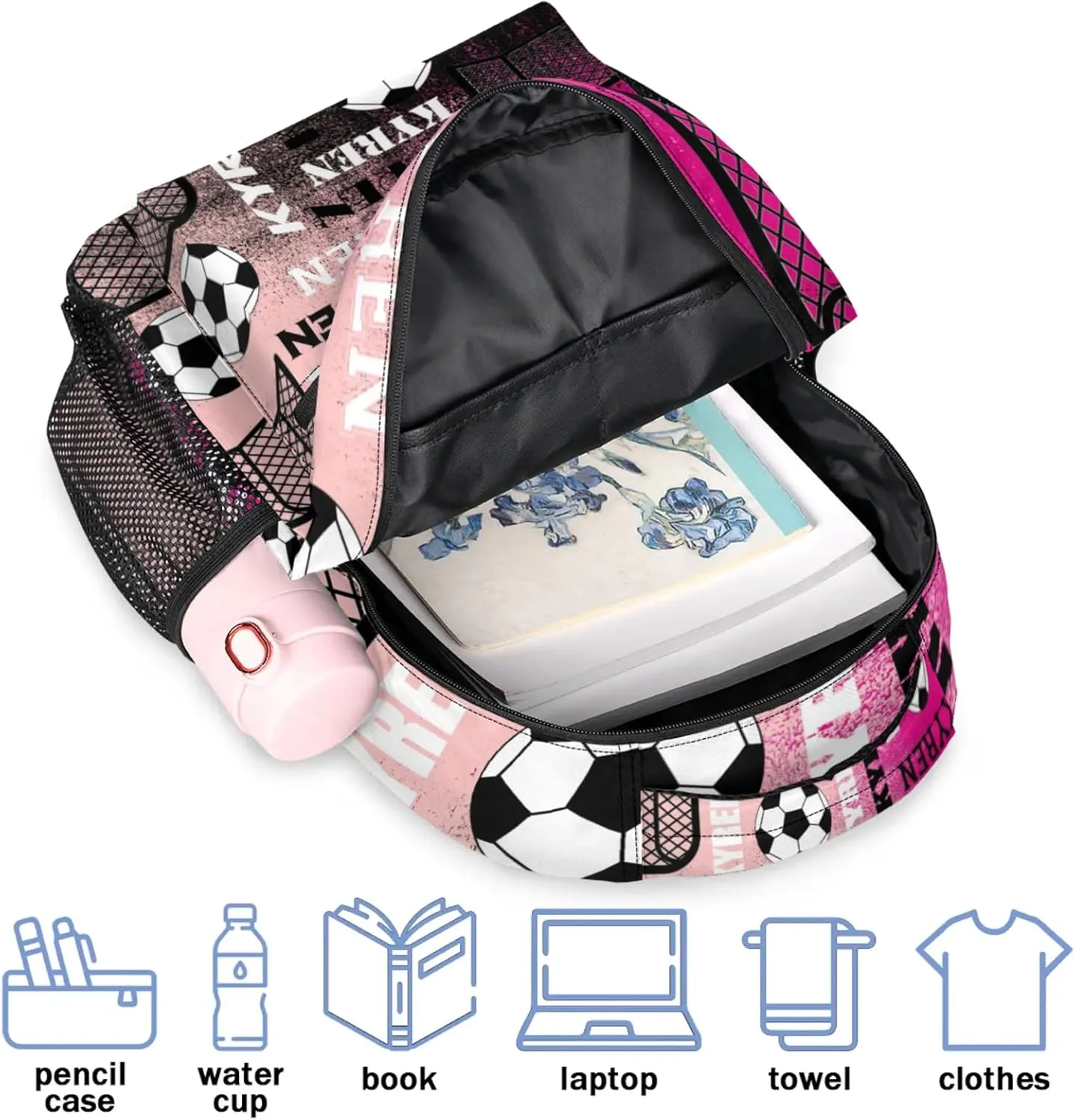Personalized Name Soccer Backpack for Men Women, Customized Sports Bag Backpack Custom Laptop Backpacks Travel Camping Daypack, Red Pinks Black