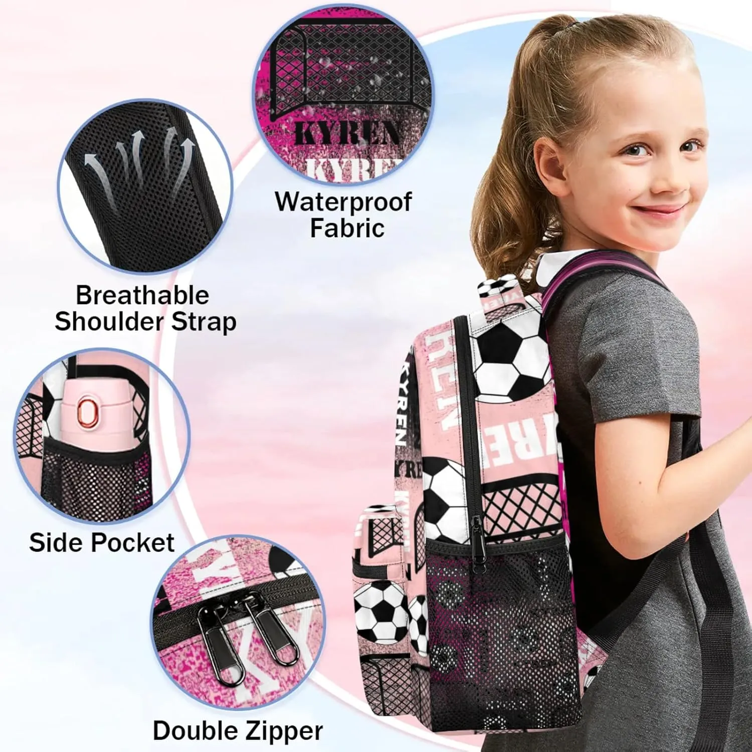 Personalized Name Soccer Backpack for Men Women, Customized Sports Bag Backpack Custom Laptop Backpacks Travel Camping Daypack, Red Pinks Black