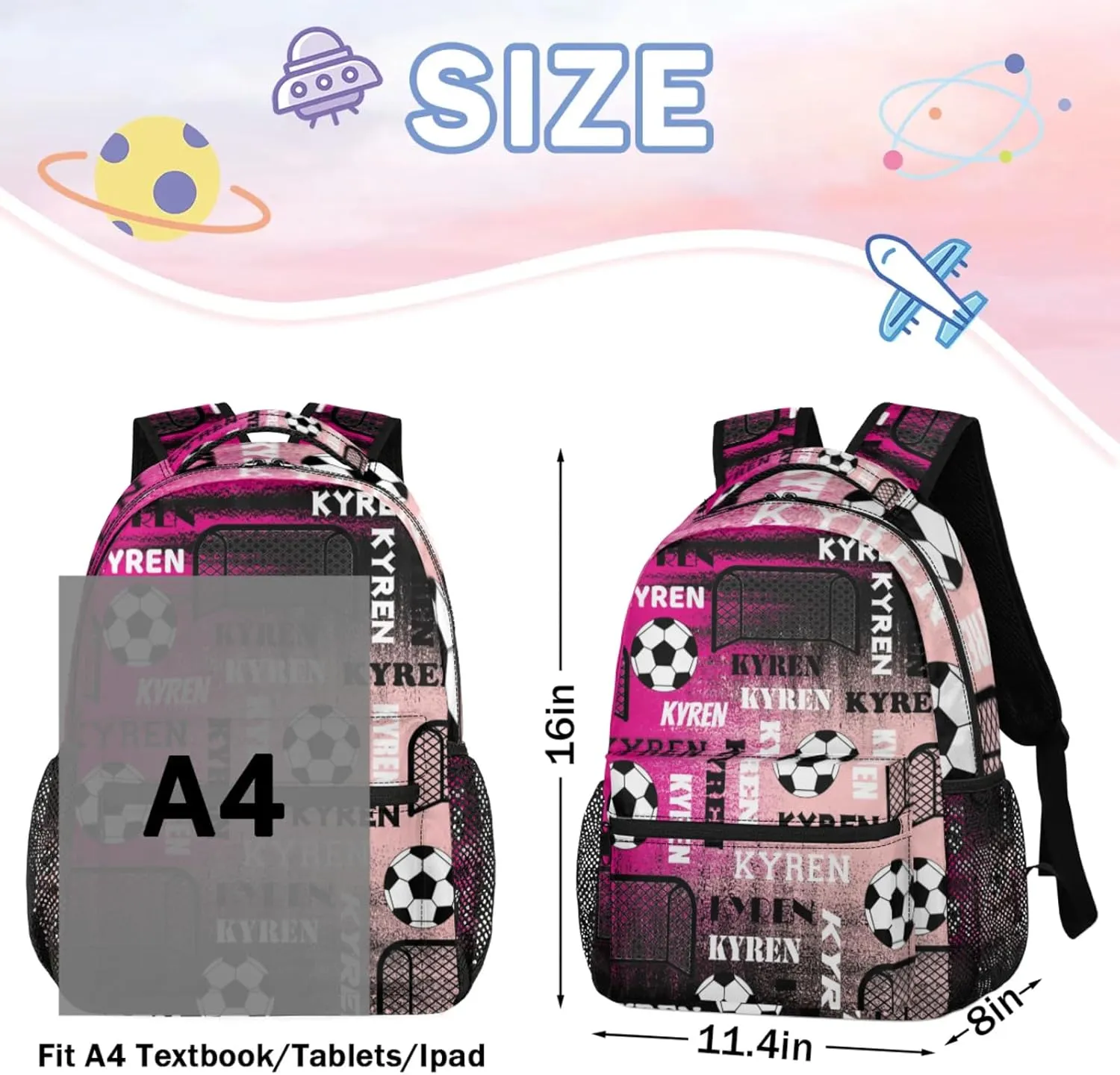 Personalized Name Soccer Backpack for Men Women, Customized Sports Bag Backpack Custom Laptop Backpacks Travel Camping Daypack, Red Pinks Black