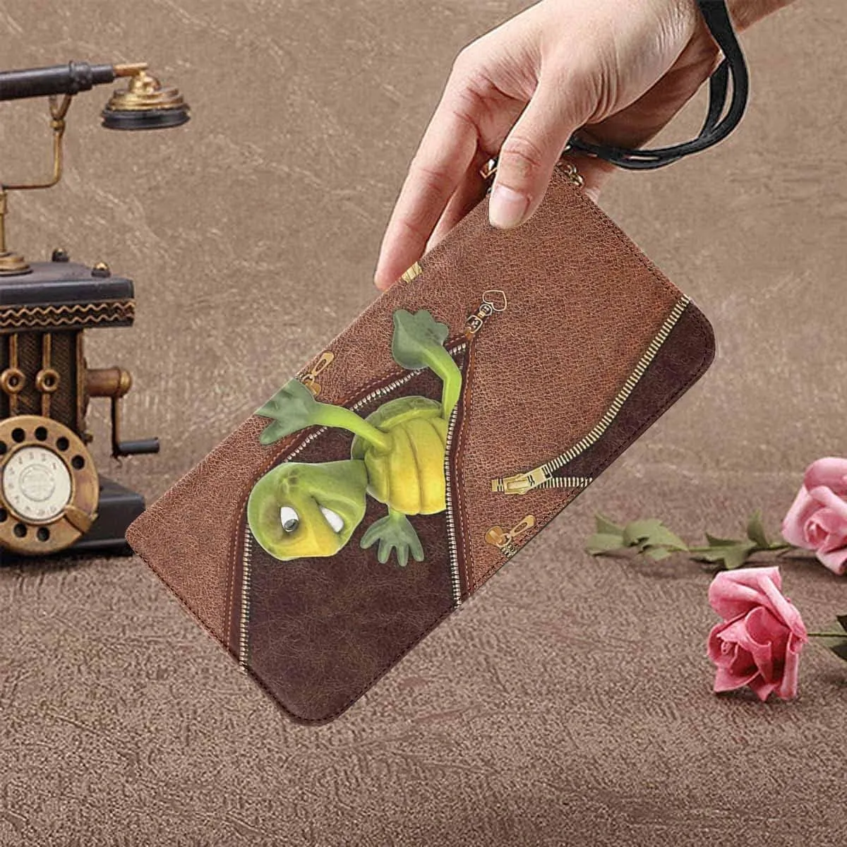 Personalized Women's Gift Clutch Purse, Cute Turtle Face Wallet Purse Wristlet Clutch with Zip