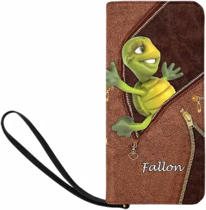 Personalized Women's Gift Clutch Purse, Cute Turtle Face Wallet Purse Wristlet Clutch with Zip