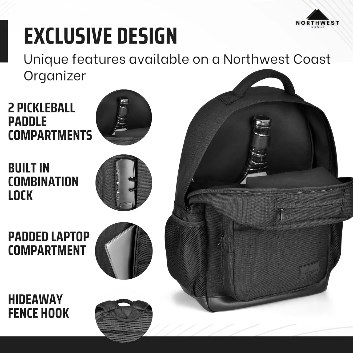 Pickleball/Padel Backpack with Fence Hook and Combination Lock - High Capacity for Paddles, Balls and Water Bottles(Backpack)