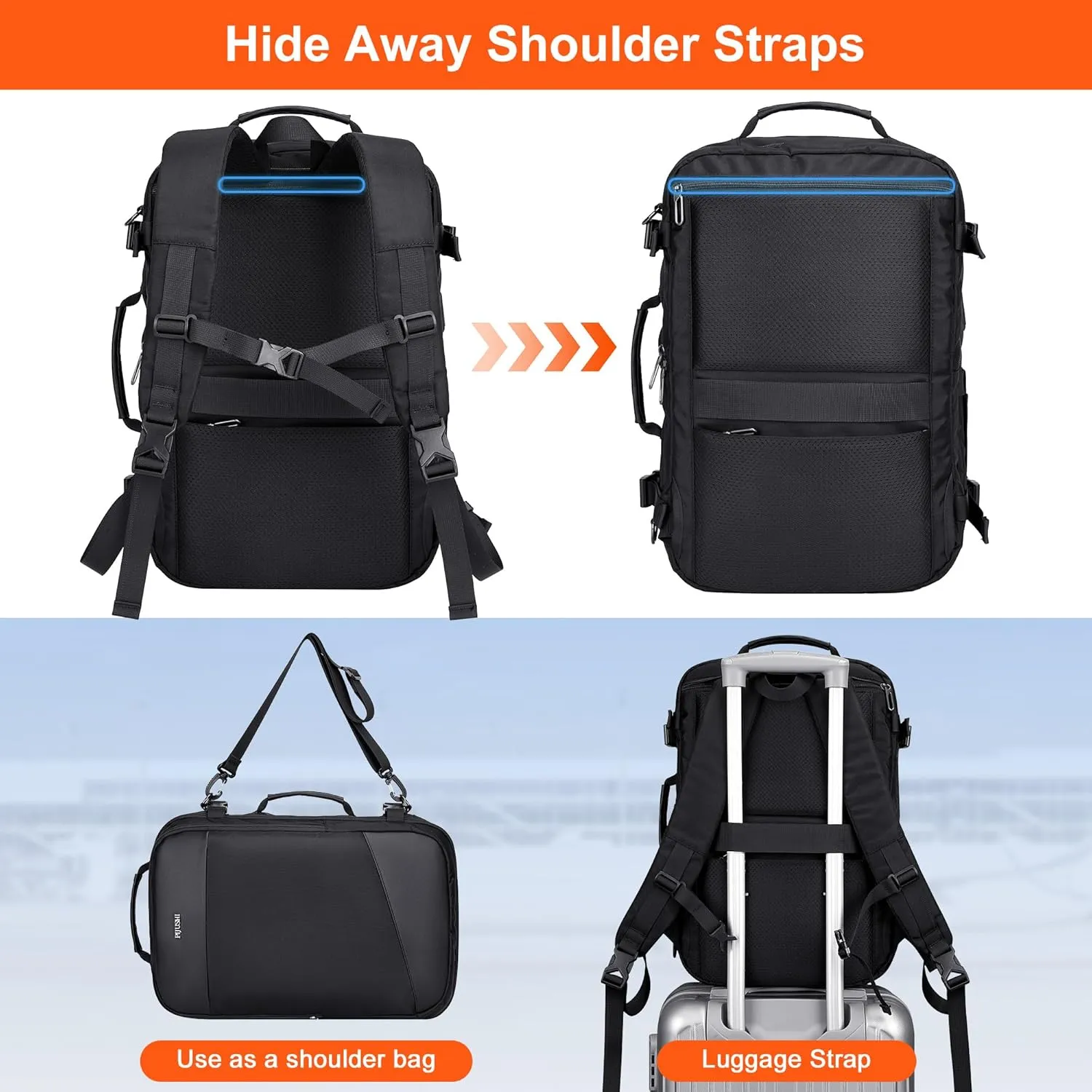 PIJUSHI Carry on Travel Backpack for Women Men Large Flight Approved Personal Item Bag with USB Port Fits 16 Inch Laptop(PE035 Black)