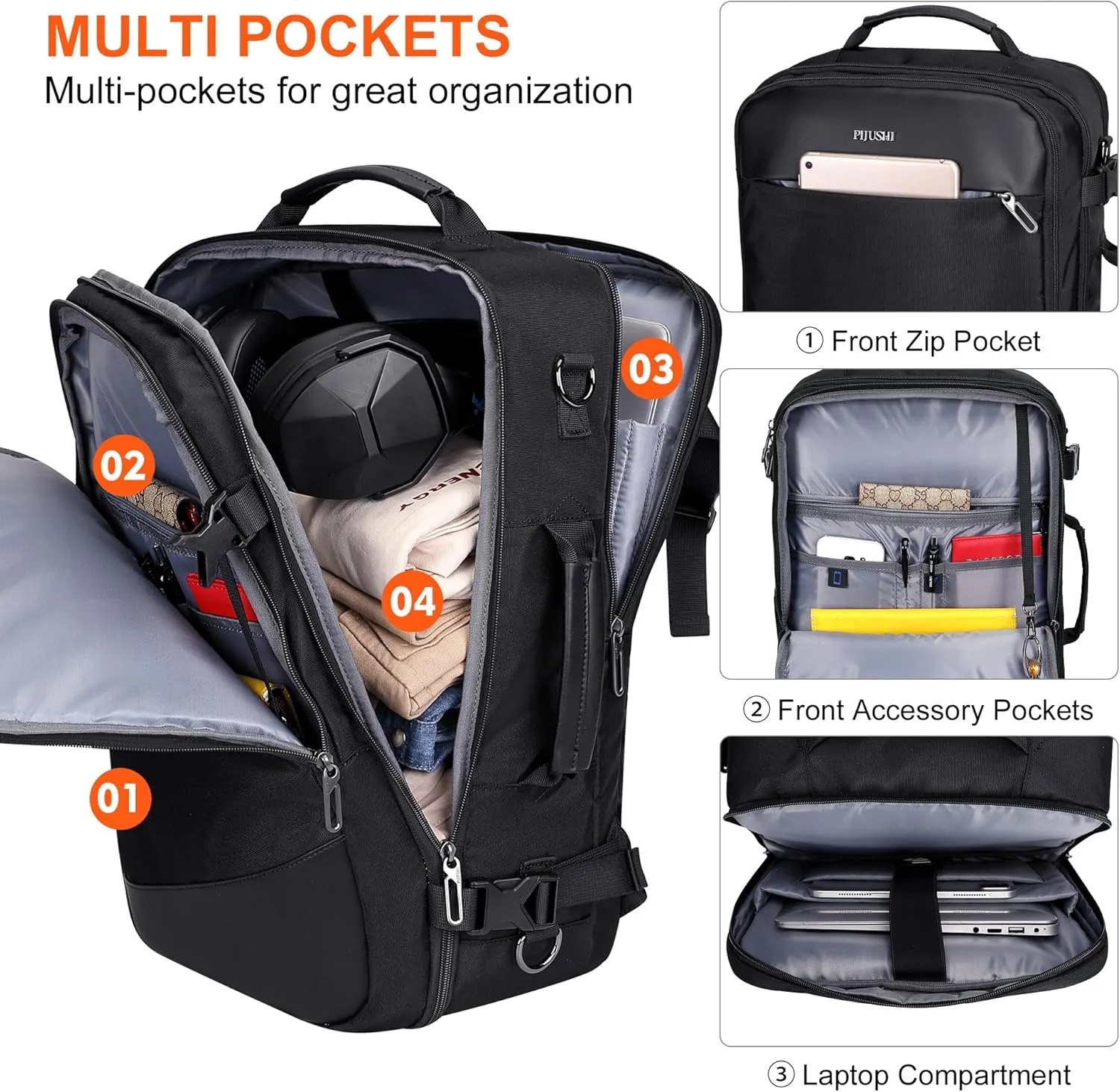 PIJUSHI Carry on Travel Backpack for Women Men Large Flight Approved Personal Item Bag with USB Port Fits 16 Inch Laptop(PE035 Black)