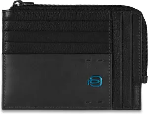 Piquadro Leather Zipper Coin Pouch with Document Holder and Credit Card Slots, Black/Black, One Size