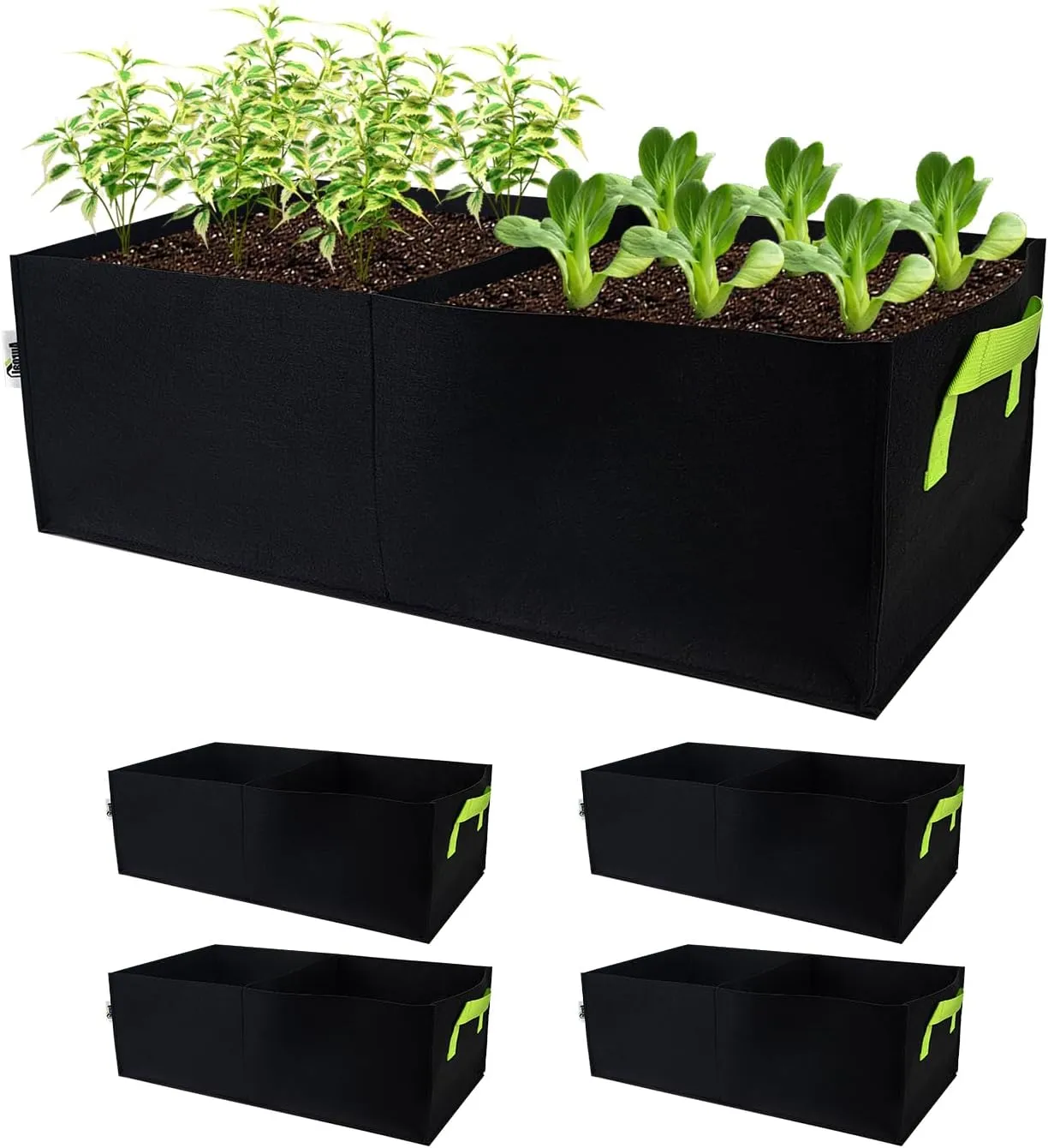 Plant Grow Bags, 5 Pack Fabric Raised Planting Bads, 2 Holes Rectangle Grow Bag, 10 Gallon Breathable Potato Tomato Planter Pots for Outdoor Vegetables Plant Flowers (Black(1mm))
