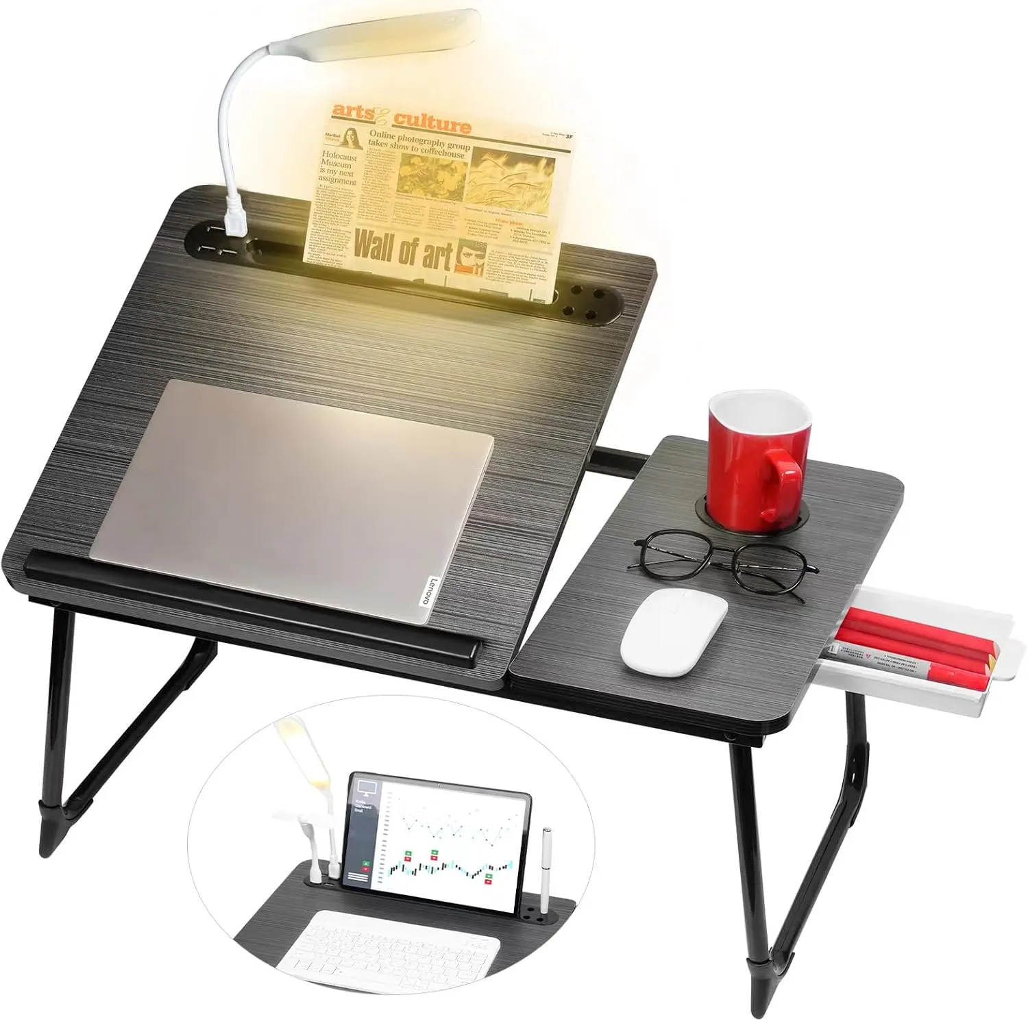 Plus XL Adjustable Laptop Desk with Light, USB Port, iPad Holder, Drawer Storage - Larger 23.6IN Adjustable Lap Desk for Bed, Home Office, Breakfast Tray, Fordable Legs Desk (Black)