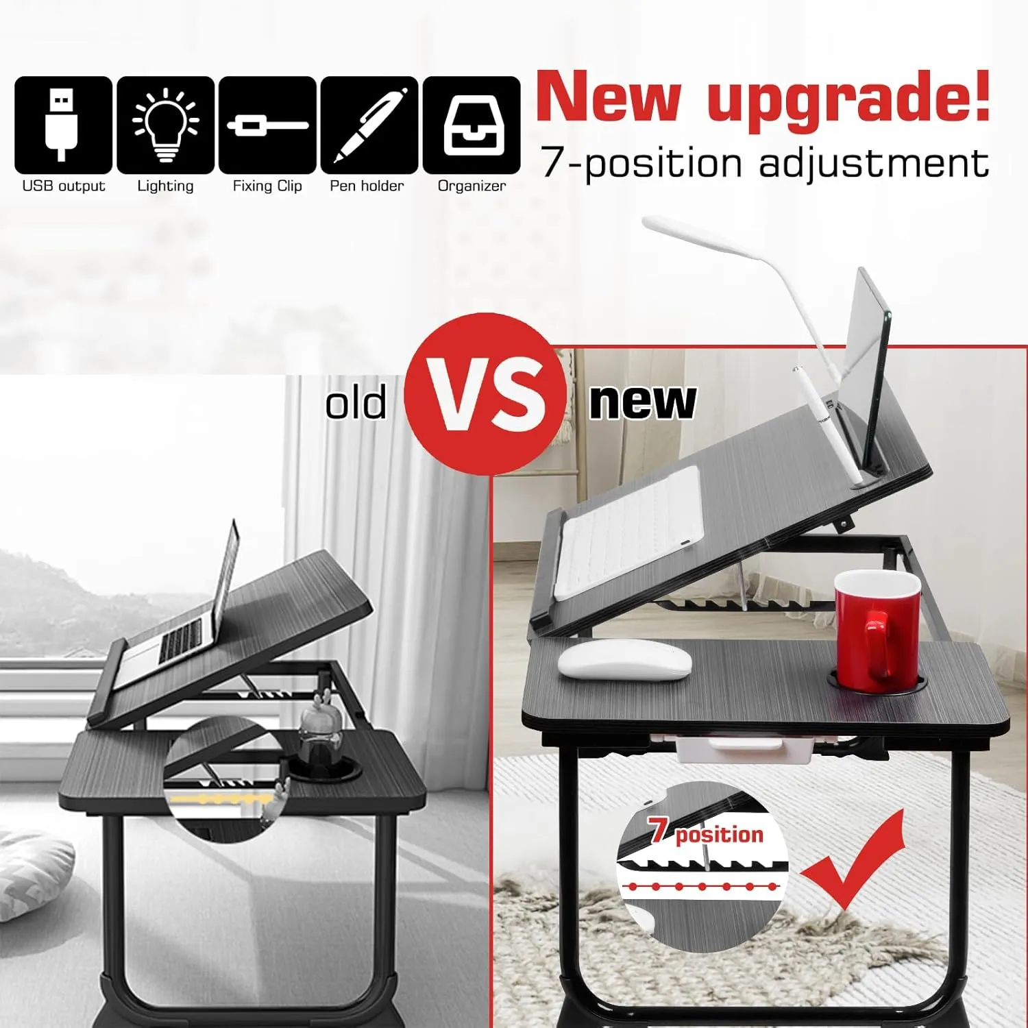 Plus XL Adjustable Laptop Desk with Light, USB Port, iPad Holder, Drawer Storage - Larger 23.6IN Adjustable Lap Desk for Bed, Home Office, Breakfast Tray, Fordable Legs Desk (Black)