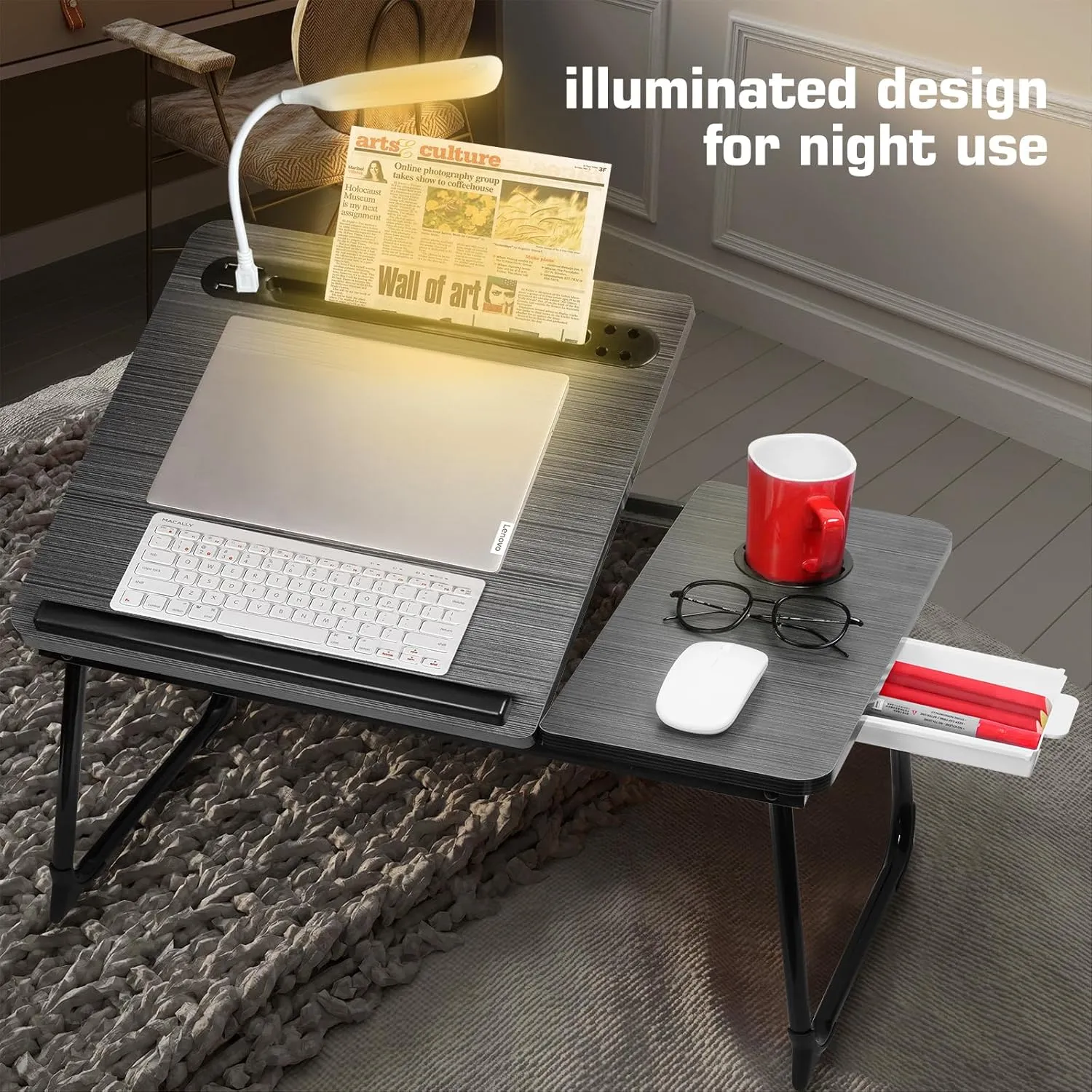 Plus XL Adjustable Laptop Desk with Light, USB Port, iPad Holder, Drawer Storage - Larger 23.6IN Adjustable Lap Desk for Bed, Home Office, Breakfast Tray, Fordable Legs Desk (Black)