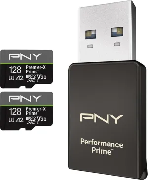 PNY 128GB Premier-X Prime™ Kit Class 10 U3 V30 A2 microSDXC Flash Memory Card 2-Pack & Card Reader - Ultra-Fast Speeds, Read Up to 180MB/s, 4K UHD, UHS-I, for Smartphones, Drones, Action Cameras