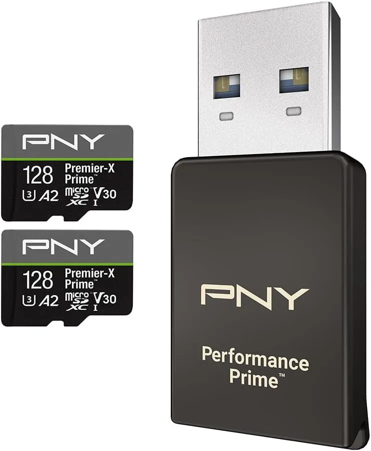 PNY 128GB Premier-X Prime™ Kit Class 10 U3 V30 A2 microSDXC Flash Memory Card 2-Pack & Card Reader - Ultra-Fast Speeds, Read Up to 180MB/s, 4K UHD, UHS-I, for Smartphones, Drones, Action Cameras