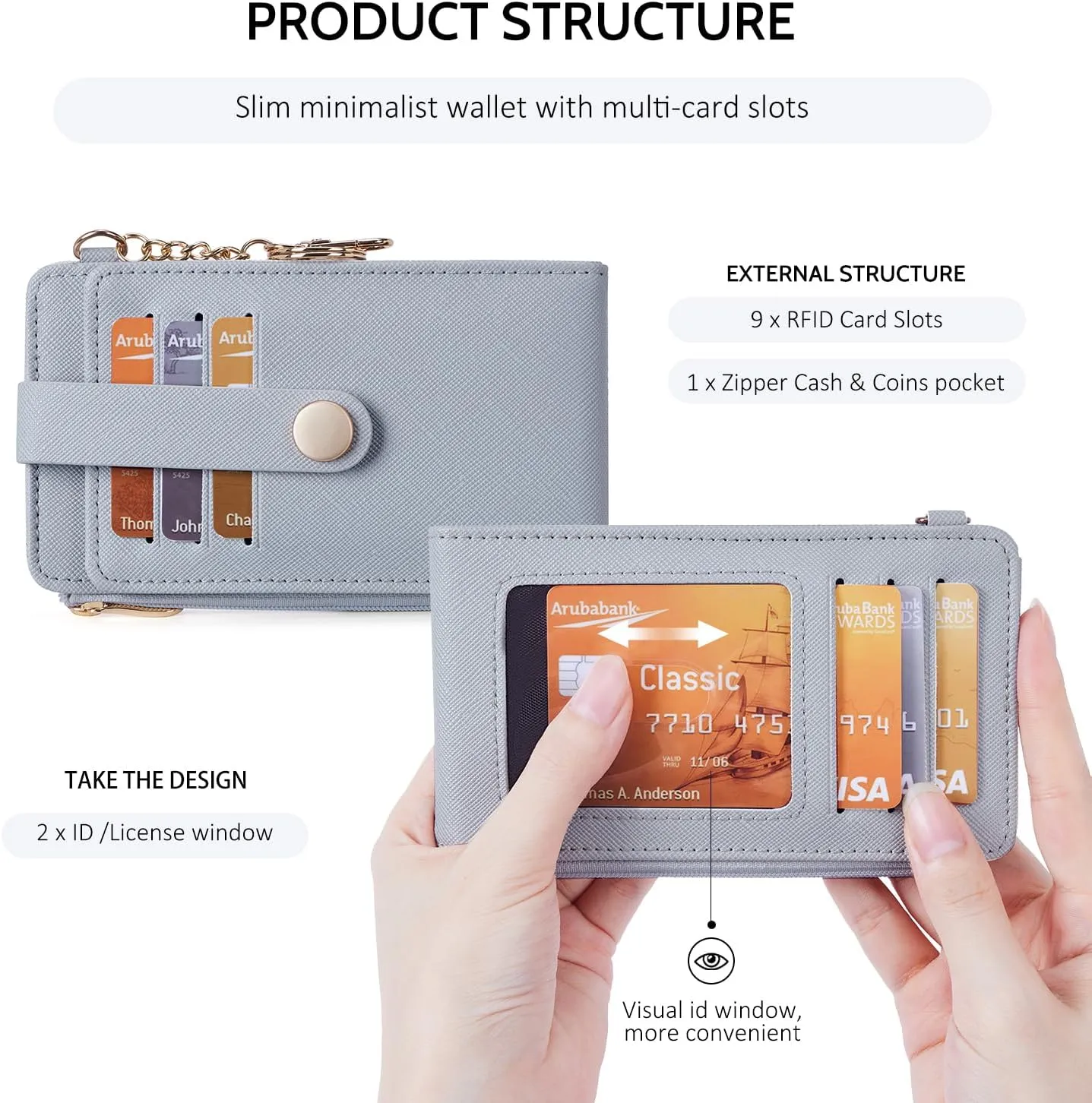 POIUGOYA Slim Wallet for Women,RFID Blocking Bifold Credit Card Holder with Zipper Coin Pocket,ID Window,Keychain
