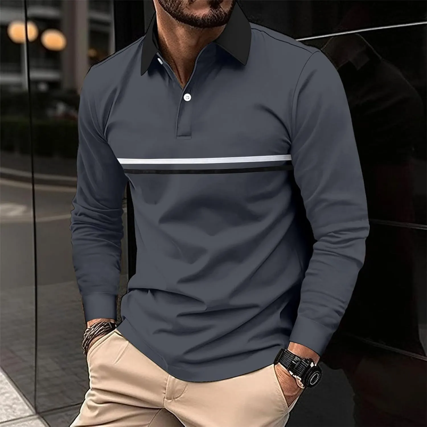 Polo Shirts fot Men Long Sleeve Slim Fit Casual Golf Crew Neck T Shirt Big and Tall Summer Fashion V-Neck Button Up Shirt