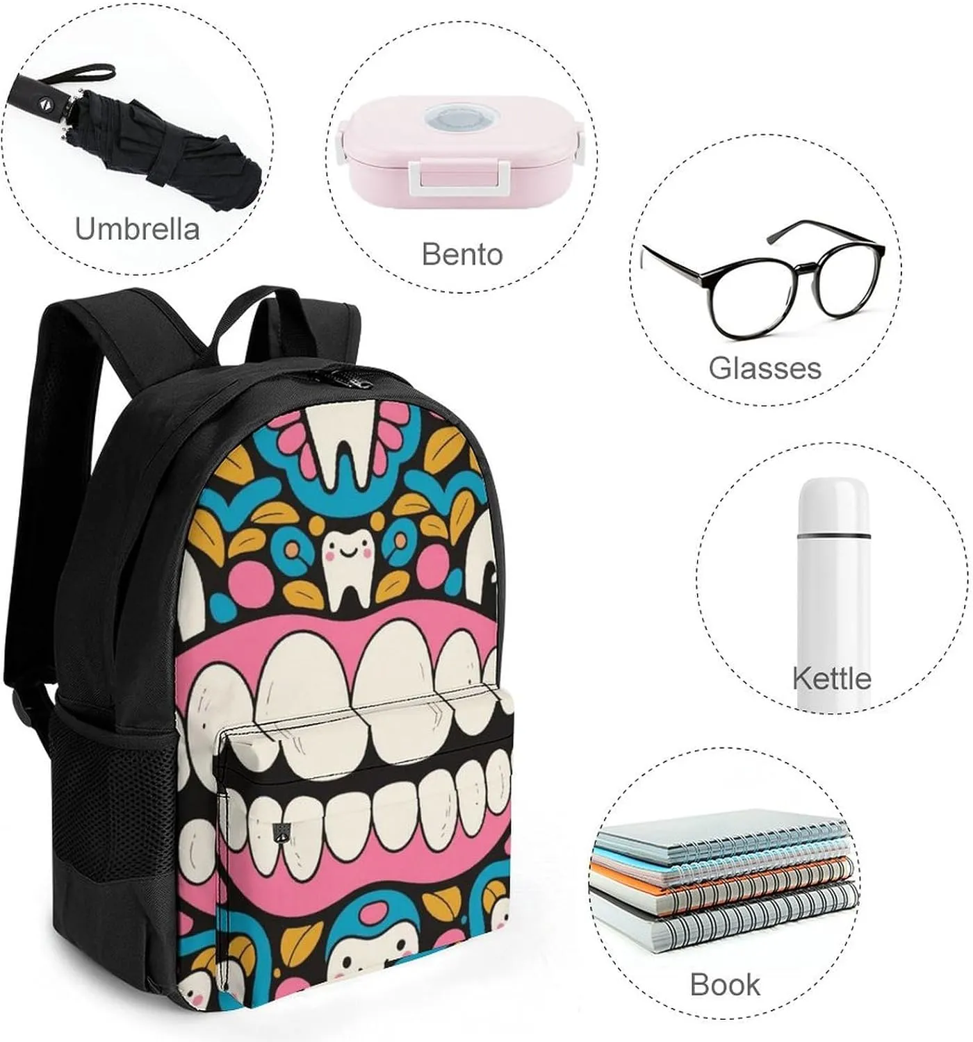 Polyester Daypack Backpack for Trekking Picnic Walking Cycling - Large Capacity Anti-Theft Multipurpose Shoulder Bag, Cartoon Teeth Dental Art Casual Daypack