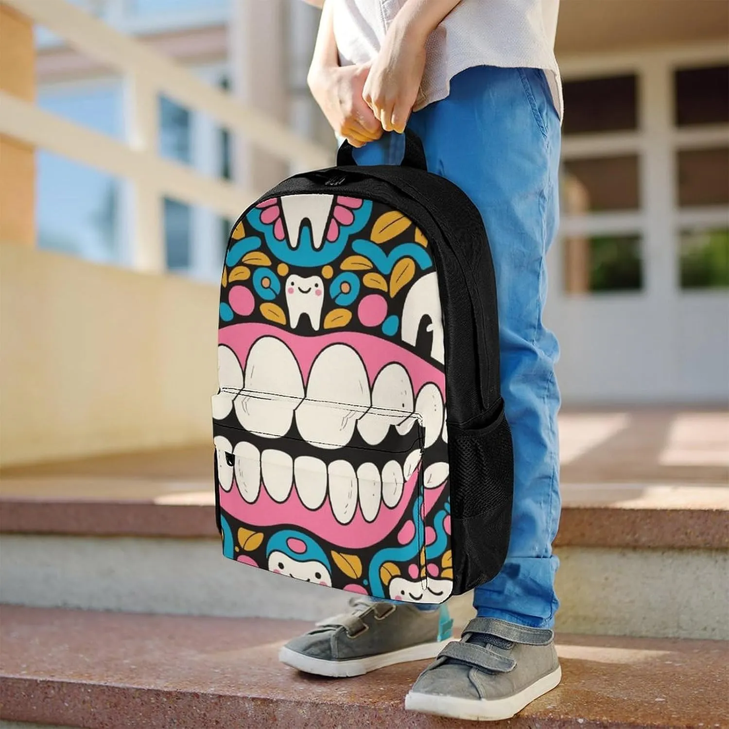 Polyester Daypack Backpack for Trekking Picnic Walking Cycling - Large Capacity Anti-Theft Multipurpose Shoulder Bag, Cartoon Teeth Dental Art Casual Daypack