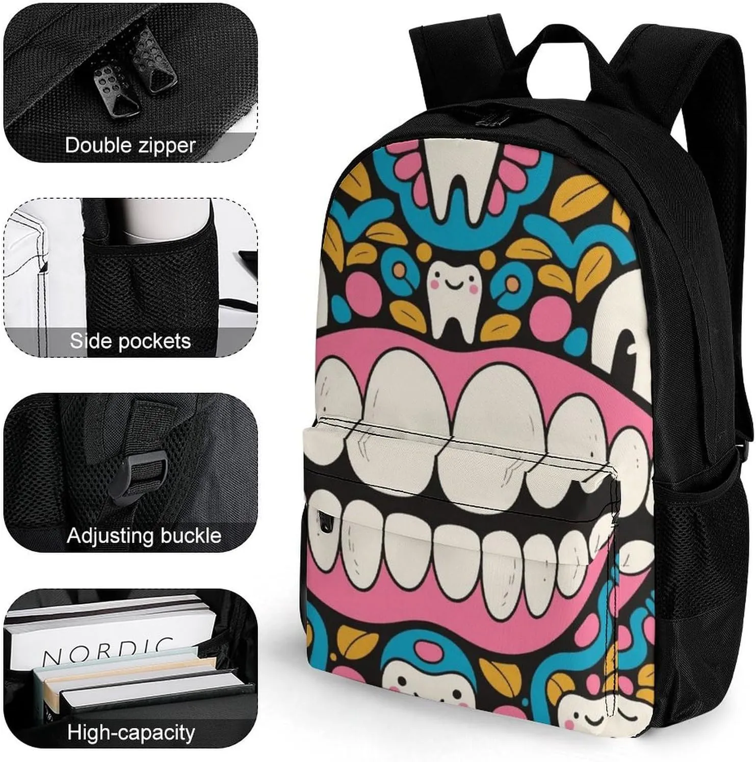 Polyester Daypack Backpack for Trekking Picnic Walking Cycling - Large Capacity Anti-Theft Multipurpose Shoulder Bag, Cartoon Teeth Dental Art Casual Daypack