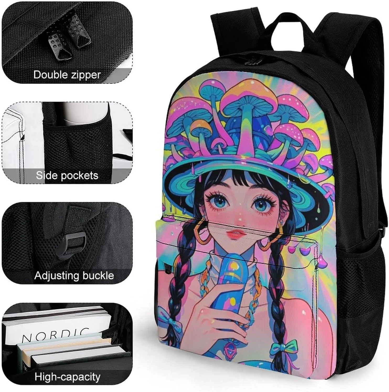 Polyester Daypack Backpack for Trekking Picnic Walking Cycling - Large Capacity Anti-Theft Multipurpose Shoulder Bag, Fantasy Gothic Woman Mushroom Dazzling Art Casual Daypack