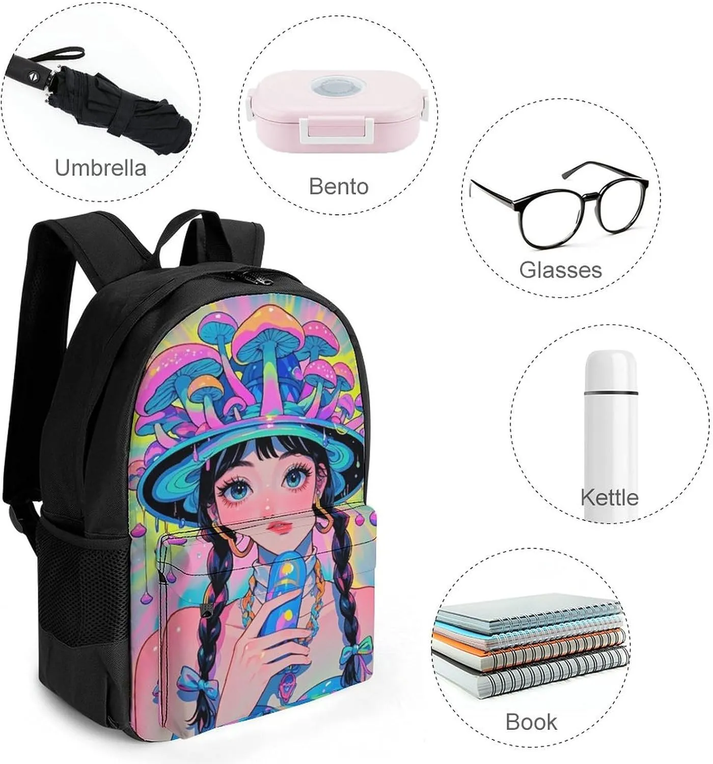 Polyester Daypack Backpack for Trekking Picnic Walking Cycling - Large Capacity Anti-Theft Multipurpose Shoulder Bag, Fantasy Gothic Woman Mushroom Dazzling Art Casual Daypack