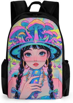 Polyester Daypack Backpack for Trekking Picnic Walking Cycling - Large Capacity Anti-Theft Multipurpose Shoulder Bag, Fantasy Gothic Woman Mushroom Dazzling Art Casual Daypack