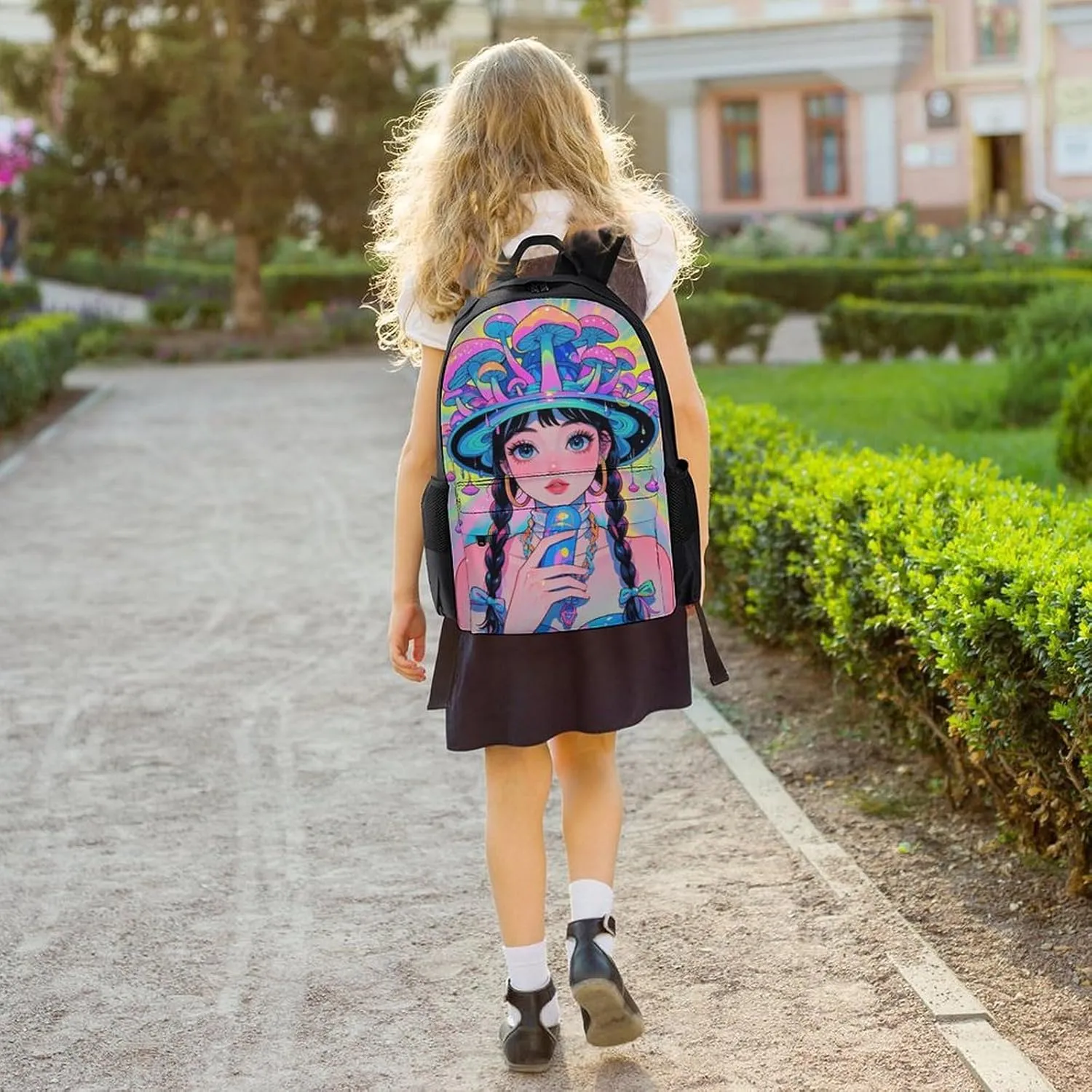 Polyester Daypack Backpack for Trekking Picnic Walking Cycling - Large Capacity Anti-Theft Multipurpose Shoulder Bag, Fantasy Gothic Woman Mushroom Dazzling Art Casual Daypack