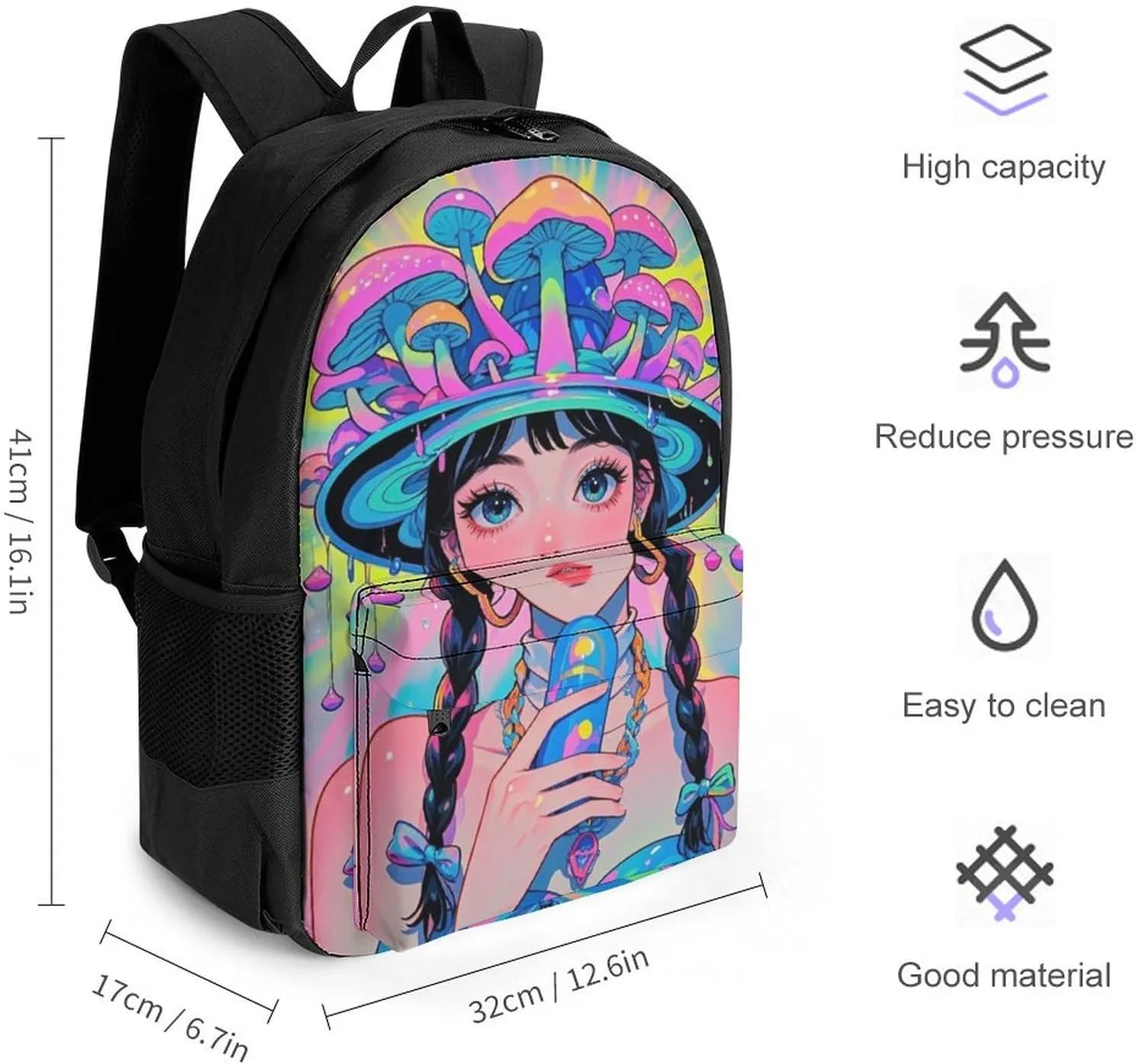 Polyester Daypack Backpack for Trekking Picnic Walking Cycling - Large Capacity Anti-Theft Multipurpose Shoulder Bag, Fantasy Gothic Woman Mushroom Dazzling Art Casual Daypack