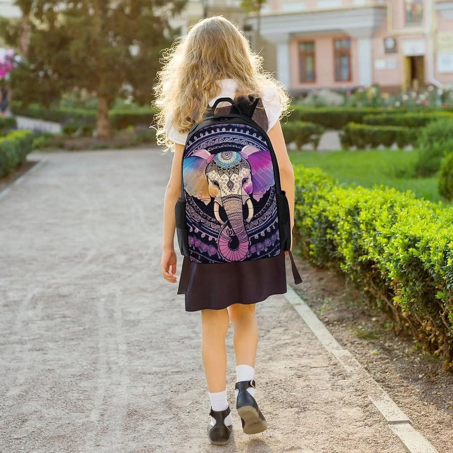 Polyester Daypack Backpack for Trekking Picnic Walking Cycling - Large Capacity Anti-Theft Multipurpose Shoulder Bag, Indian Elephant Head Mandala Art Casual Daypack