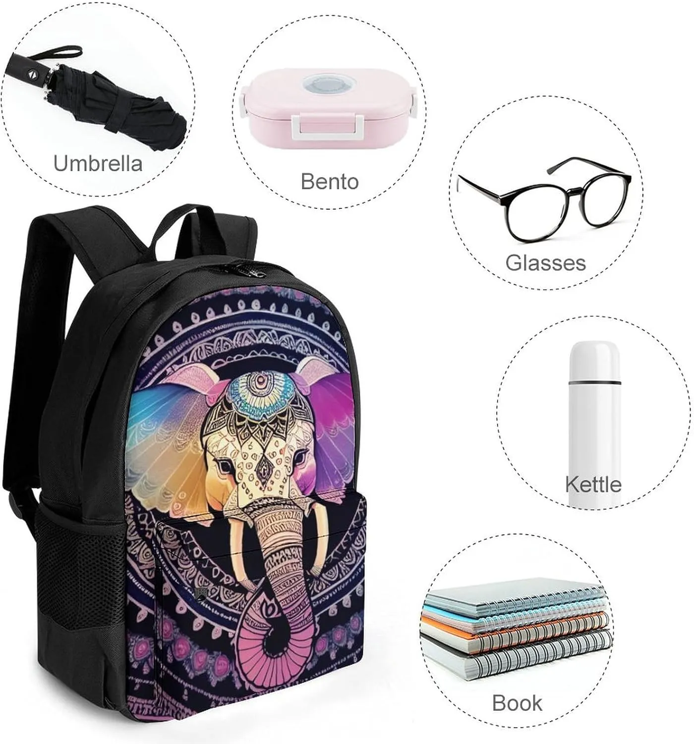 Polyester Daypack Backpack for Trekking Picnic Walking Cycling - Large Capacity Anti-Theft Multipurpose Shoulder Bag, Indian Elephant Head Mandala Art Casual Daypack