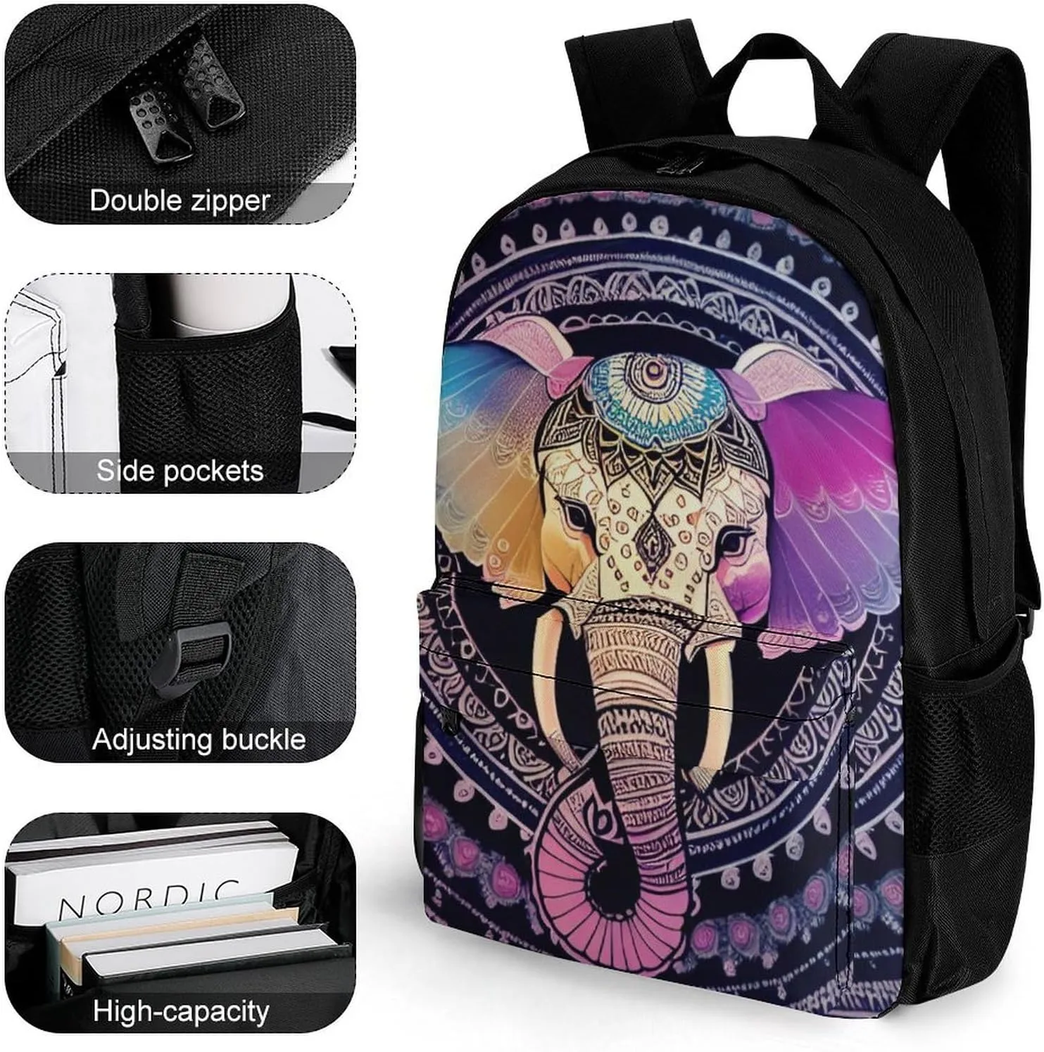 Polyester Daypack Backpack for Trekking Picnic Walking Cycling - Large Capacity Anti-Theft Multipurpose Shoulder Bag, Indian Elephant Head Mandala Art Casual Daypack