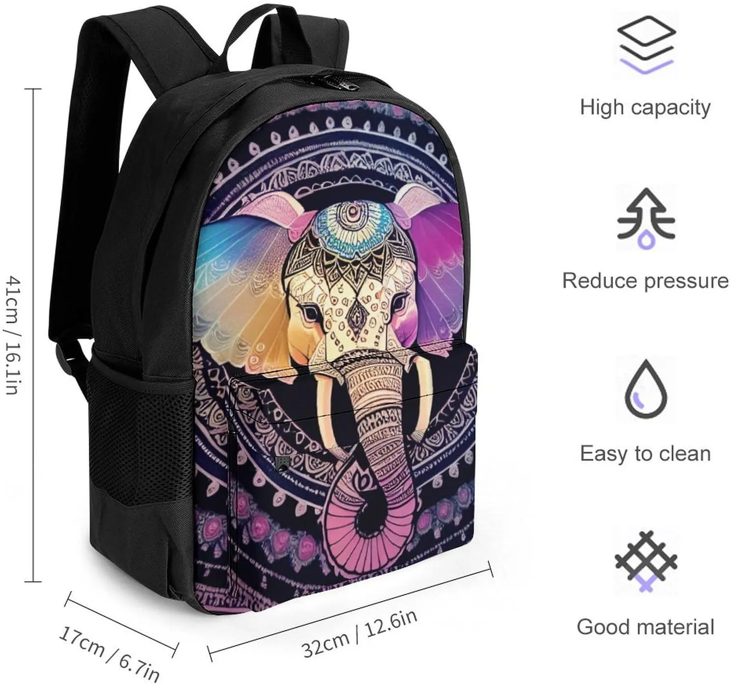 Polyester Daypack Backpack for Trekking Picnic Walking Cycling - Large Capacity Anti-Theft Multipurpose Shoulder Bag, Indian Elephant Head Mandala Art Casual Daypack
