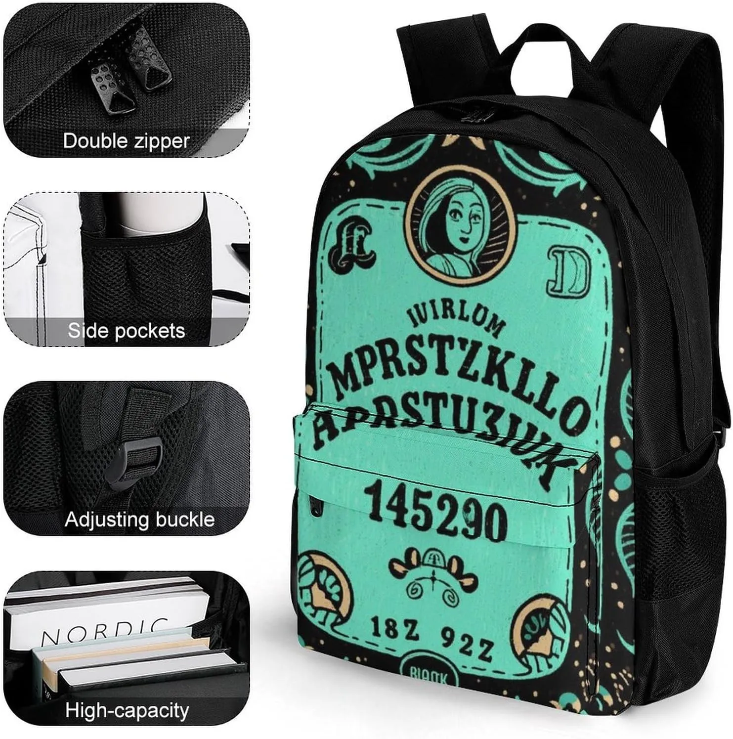 Polyester Daypack Backpack for Trekking Picnic Walking Cycling - Large Capacity Anti-Theft Multipurpose Shoulder Bag, Magical Witchcraft Spirit Board Art Casual Daypack