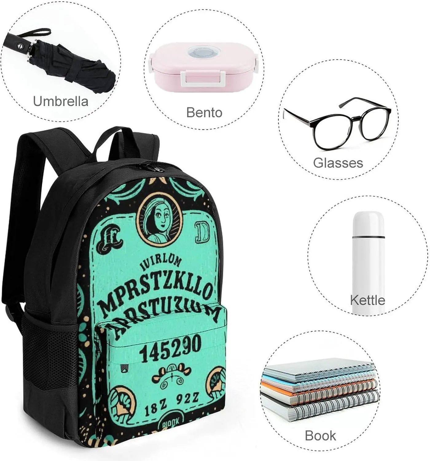 Polyester Daypack Backpack for Trekking Picnic Walking Cycling - Large Capacity Anti-Theft Multipurpose Shoulder Bag, Magical Witchcraft Spirit Board Art Casual Daypack