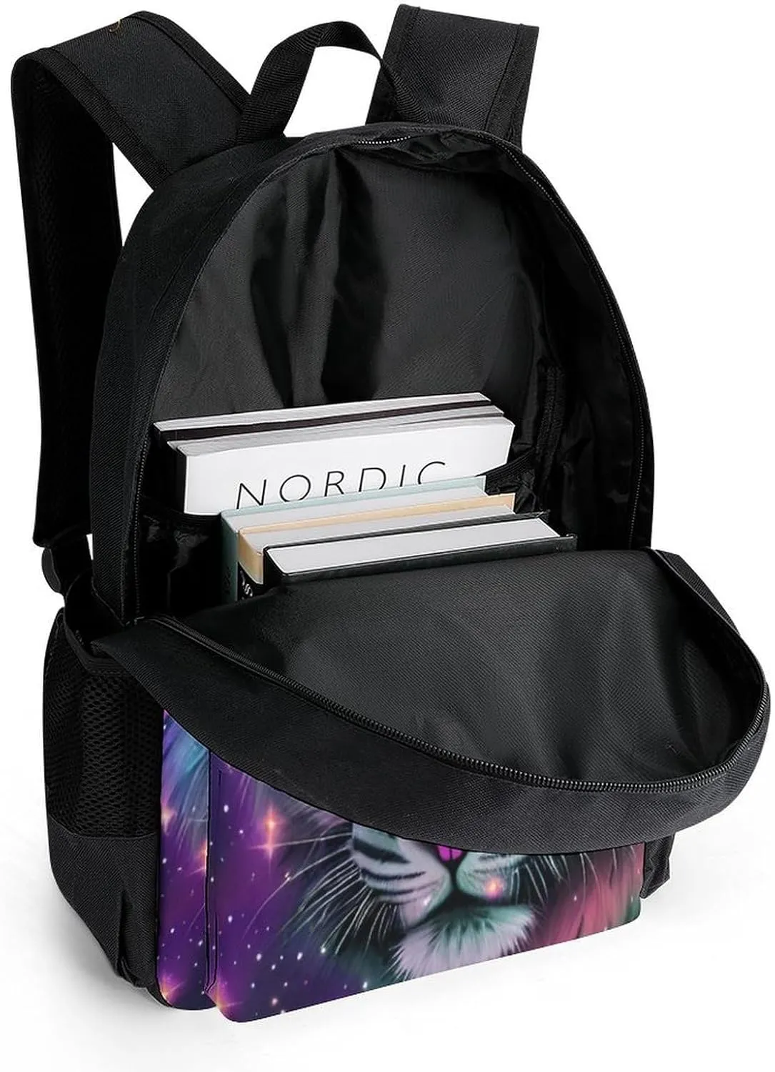 Polyester Daypack Backpack for Trekking Picnic Walking Cycling - Large Capacity Anti-Theft Multipurpose Shoulder Bag, Mystic Fantasy Galaxy Sky Fantasy Wild Animals Tiger Art Casual Daypack