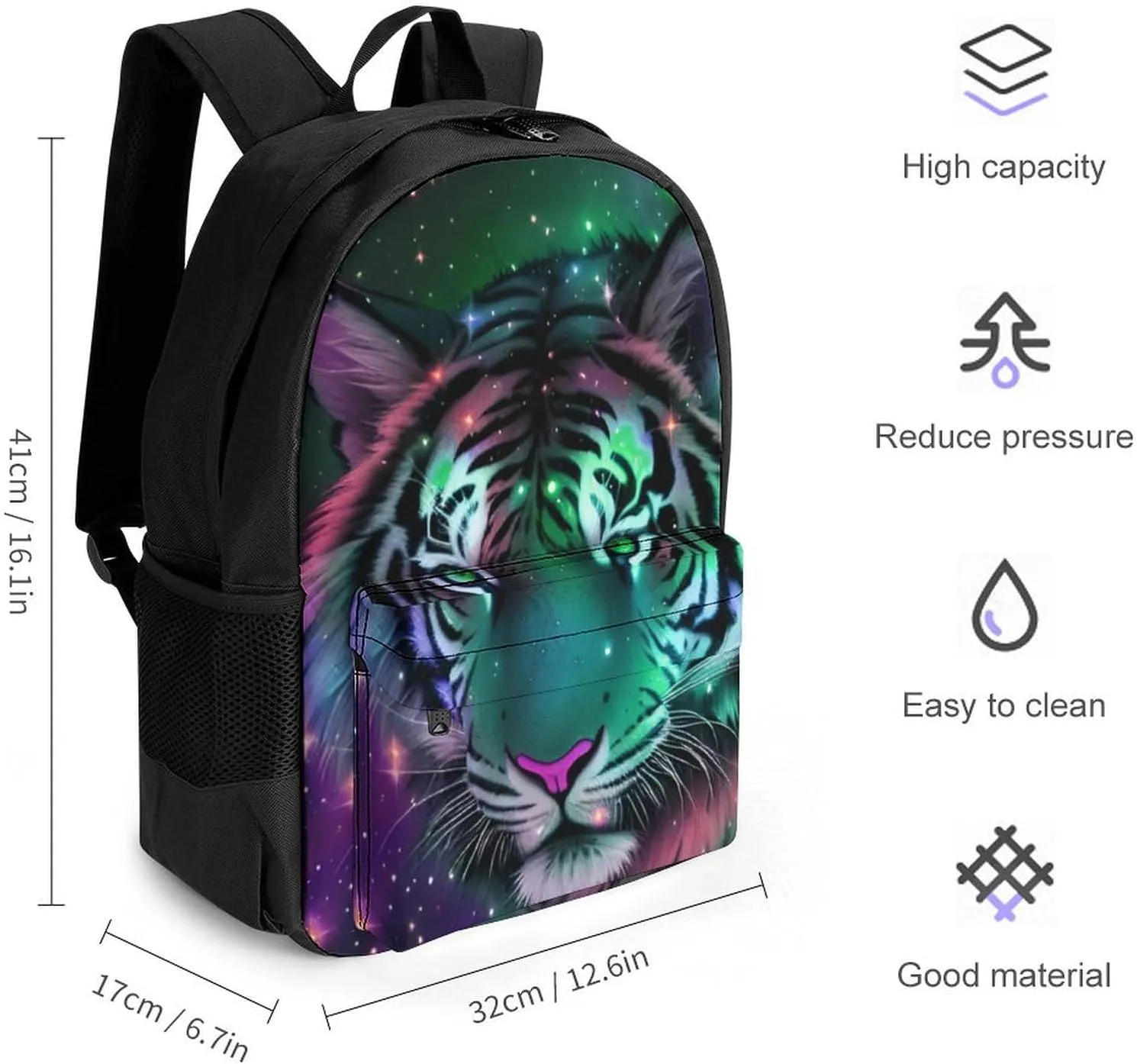 Polyester Daypack Backpack for Trekking Picnic Walking Cycling - Large Capacity Anti-Theft Multipurpose Shoulder Bag, Mystic Fantasy Galaxy Sky Fantasy Wild Animals Tiger Art Casual Daypack