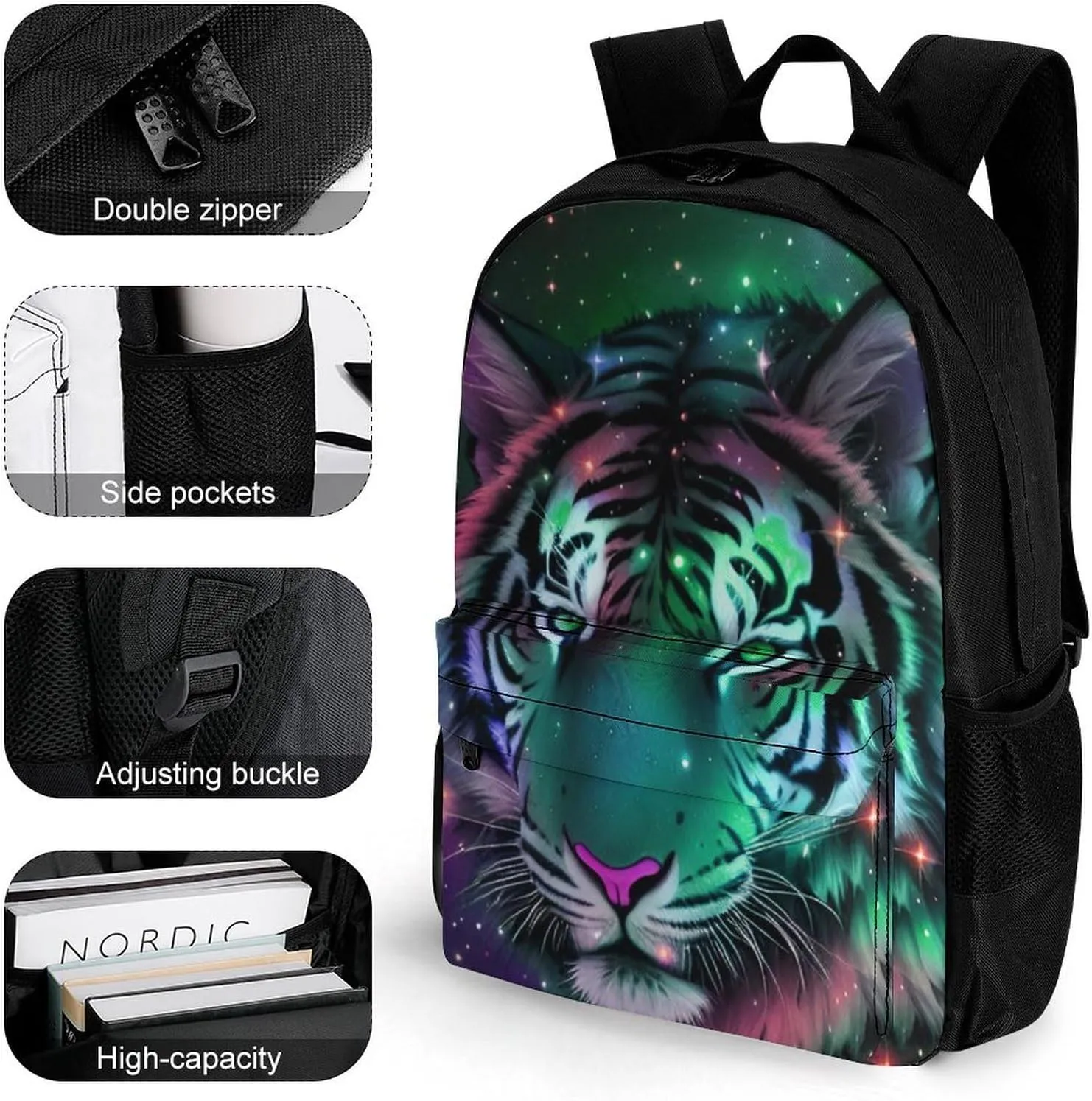 Polyester Daypack Backpack for Trekking Picnic Walking Cycling - Large Capacity Anti-Theft Multipurpose Shoulder Bag, Mystic Fantasy Galaxy Sky Fantasy Wild Animals Tiger Art Casual Daypack