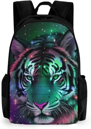 Polyester Daypack Backpack for Trekking Picnic Walking Cycling - Large Capacity Anti-Theft Multipurpose Shoulder Bag, Mystic Fantasy Galaxy Sky Fantasy Wild Animals Tiger Art Casual Daypack