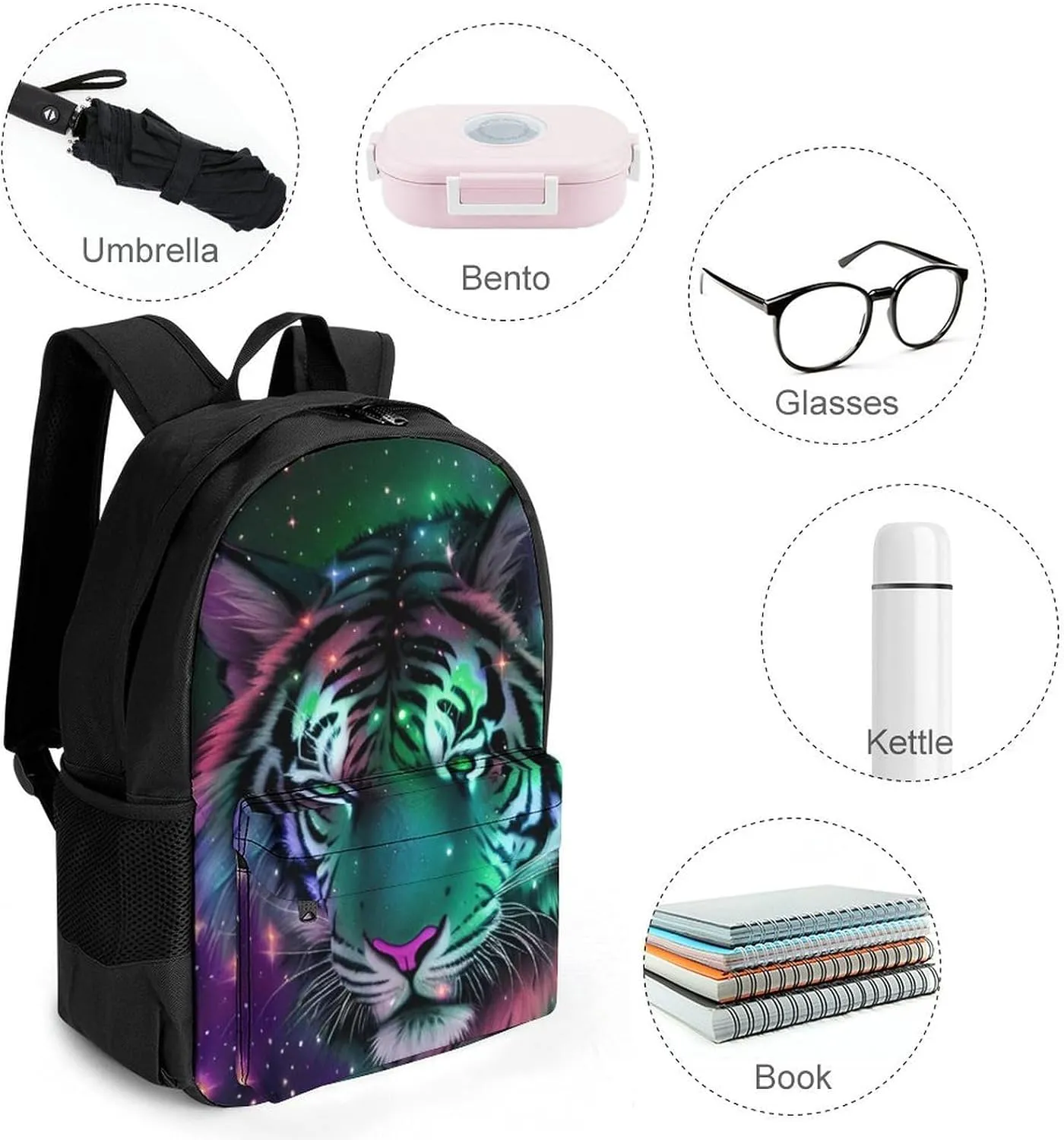 Polyester Daypack Backpack for Trekking Picnic Walking Cycling - Large Capacity Anti-Theft Multipurpose Shoulder Bag, Mystic Fantasy Galaxy Sky Fantasy Wild Animals Tiger Art Casual Daypack